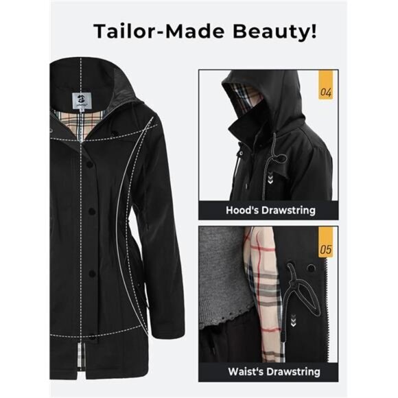 Women's Long Hooded Rain Jacket - Waterproof Outdoor Raincoat Windbreaker, Black - Picture 5 of 7